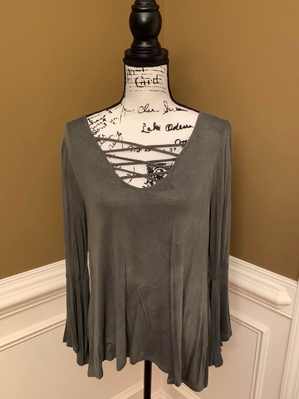 Entro Sage Green Long-Sleeve V-Neck Top with Lace-Up Detail